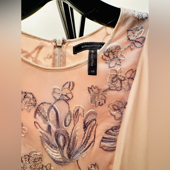BCBGMAXAZRIA Nel Silk Embroidered Blush Romantic Asymmetrical Hem Midi Dress, XS - Picture 3 of 10